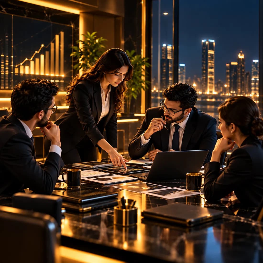 Support team working together at a table